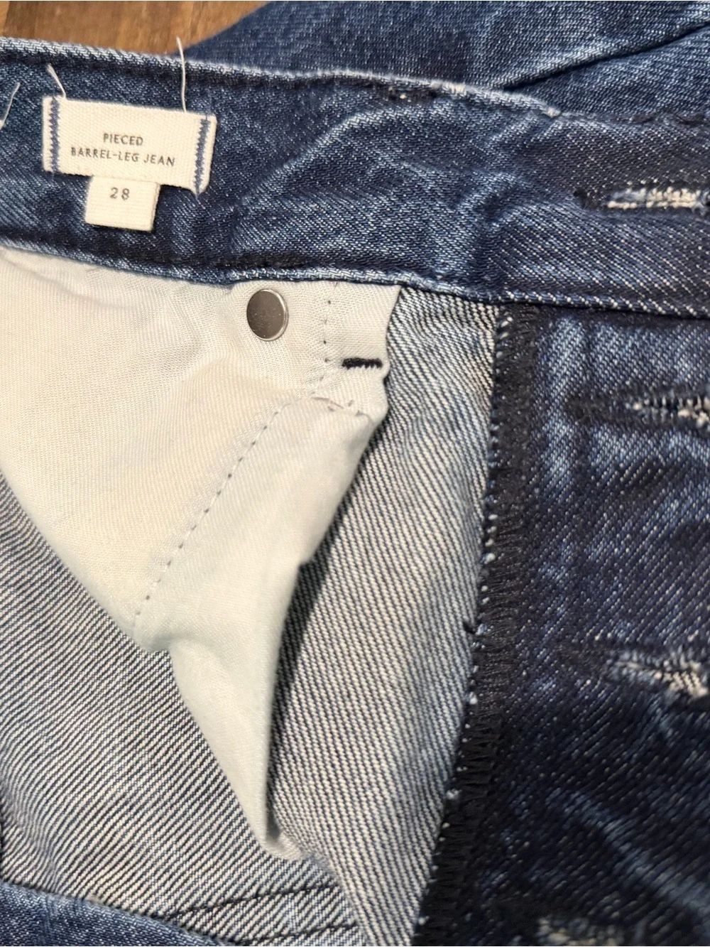 Madewell Pieced Barrel-Leg Jeans Rigid Cotton Blue Denim Mckinney Wash 28 FLAW